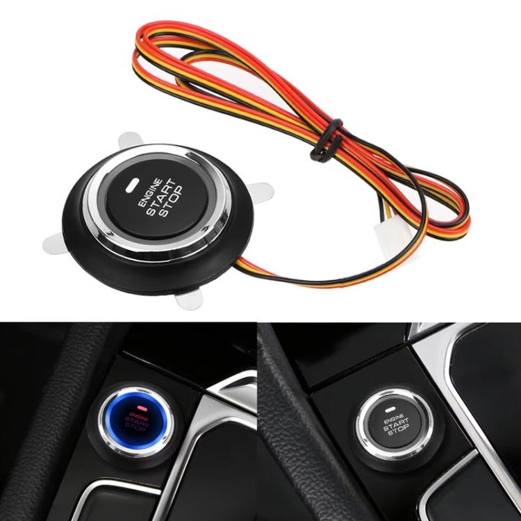 Car engine start-stop button with blue illuminated ring on dashboard