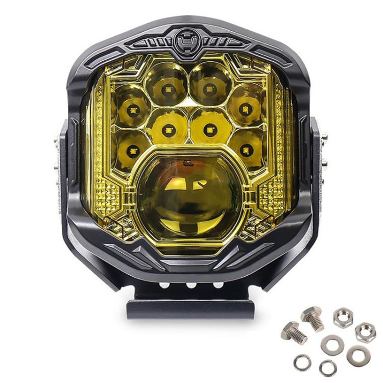7-inch LED work headlight with amber halo ring, clear lenses, black housing.