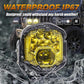 Rugged LED off-road headlight with amber halo ring and black housing.
