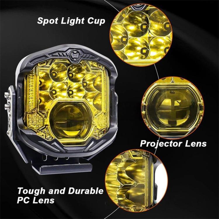 LED projector headlight with amber lens and projector cup view, black housing.