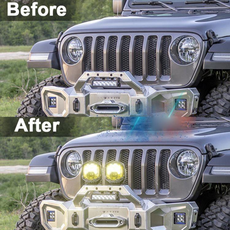 LED off-road headlight beam upgrade on vehicle grille with amber lights.
