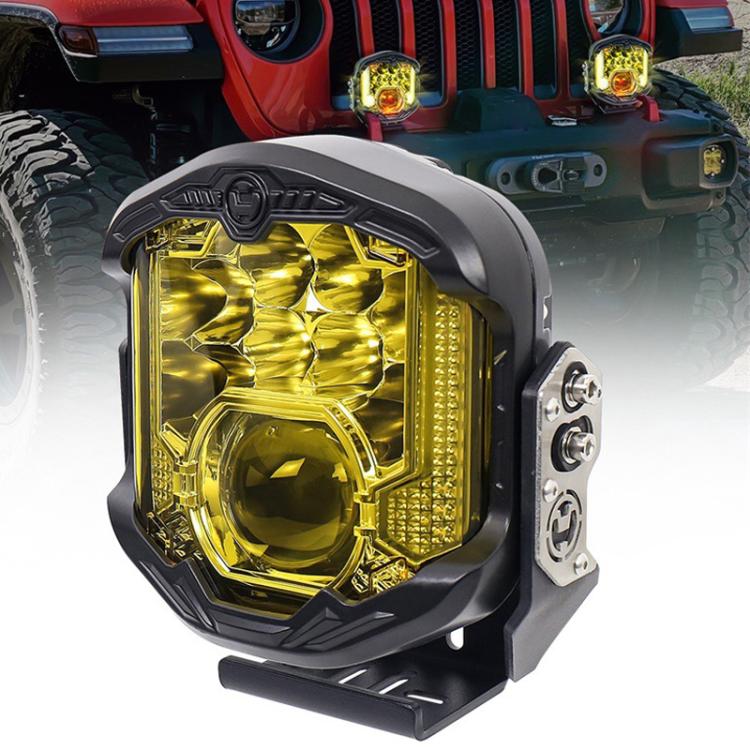 LED long-distance work headlight with amber projector lens and side LED strip.