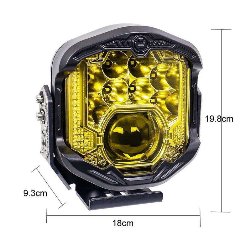 7-inch LED headlight with amber projector lens, 18 x 9.3 x 19.8 cm.
