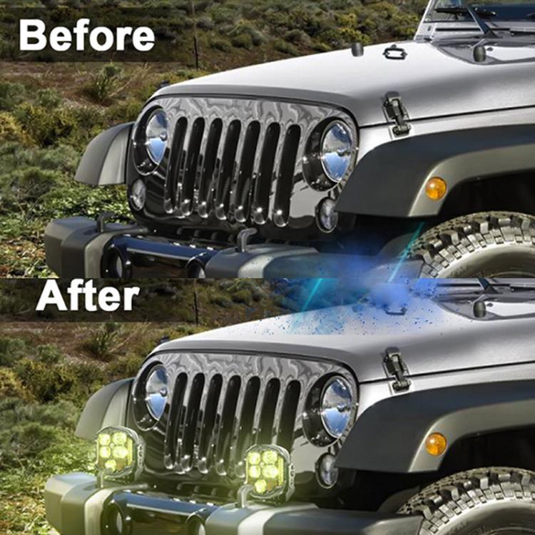 7-inch LED work light with yellow lens on black bracket, installed on vehicle