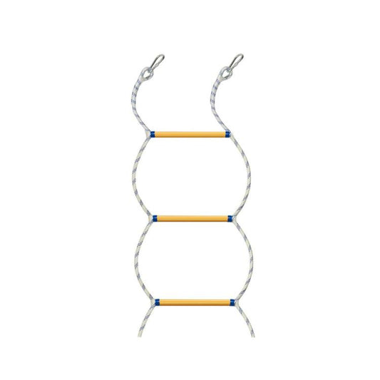 White rope training ladder with three orange rungs and metal carabiner hooks