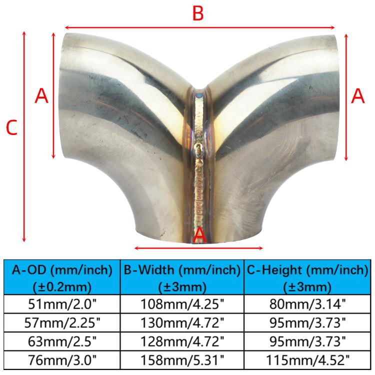 Y-type three-way stainless steel exhaust connector with marked dimensions diagram