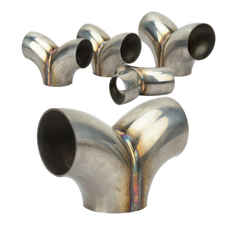 Set of stainless steel Y-type three-way exhaust connectors with dual outlet branches