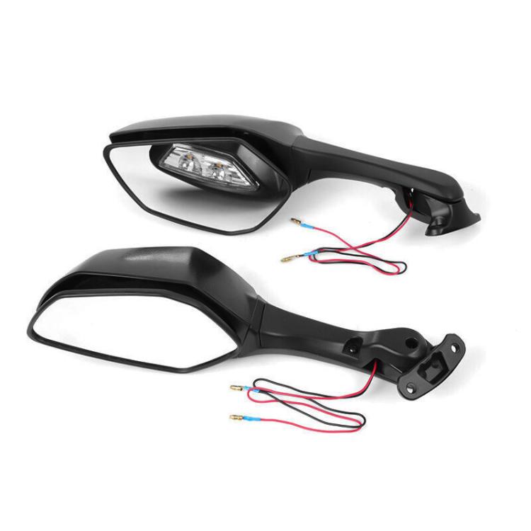 Black motorcycle rearview mirrors with clear LED light lenses and mounting brackets