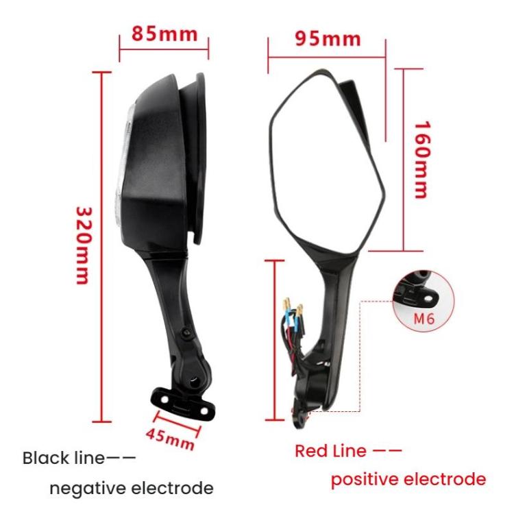 Black rearview mirror housing with mounting arm; sizing view and blade outline
