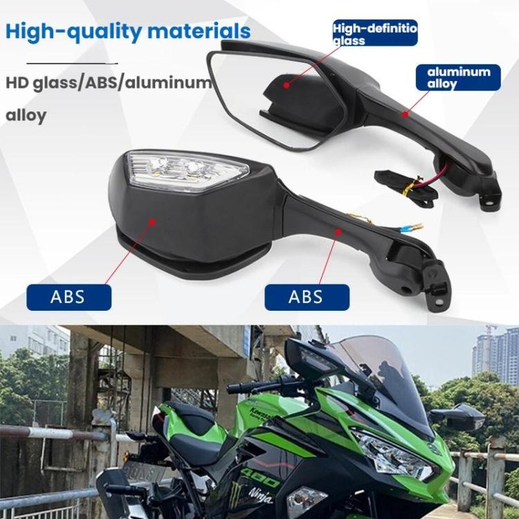 Black motorcycle rearview mirror set with clear glass, LED light, and ABS housing