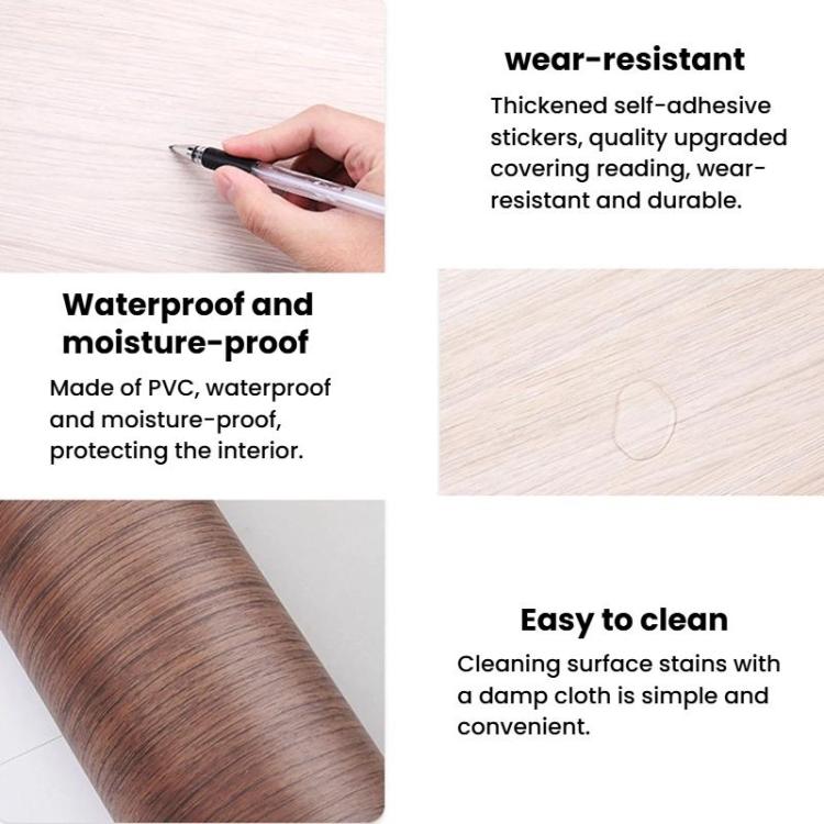Wood-grain self-adhesive sticker strip being held above a clean interior surface