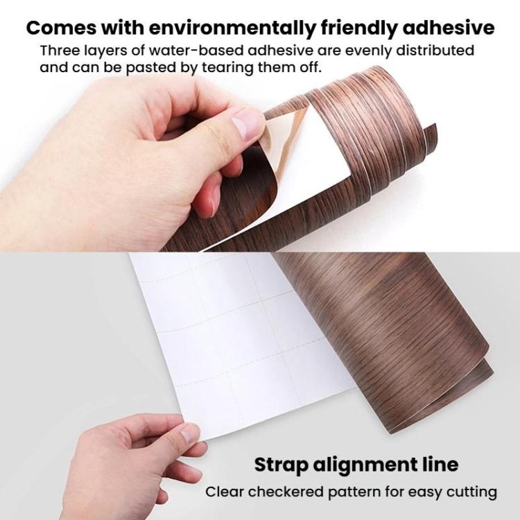 Wood-grain self-adhesive sticker roll with backing being peeled by hand