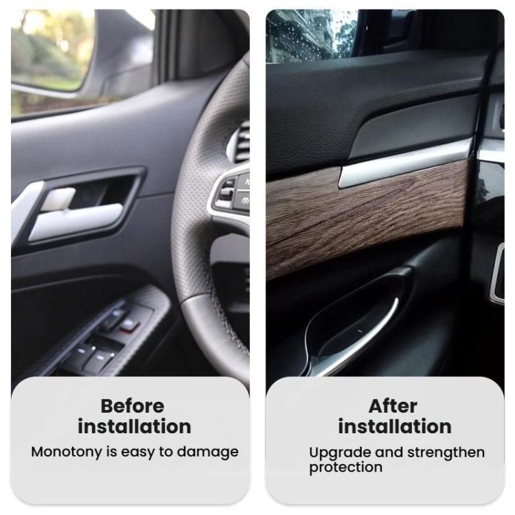 Wood-grain car interior trim sticker applied to a door panel area