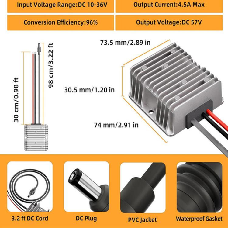 DC voltage booster kit with heatsink, DC plug, and PVC-jacketed cable