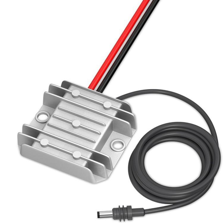DC voltage booster converter module with red and black wires and coiled cord