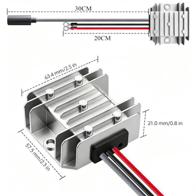 Power converter with DC5521 female connector and metal heatsink, cable length details