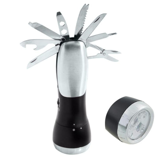 Emergency flashlight multi-tool with silver and black body and folded metal blades