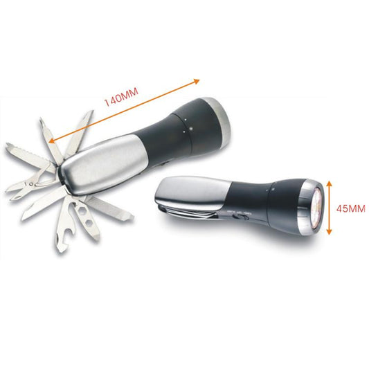 Portable flashlight with silver-and-black body and fold-out multi tools