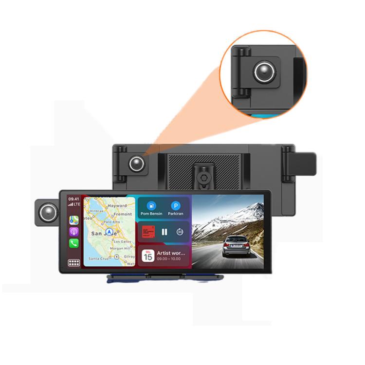 Dual-camera car dashcam with dashboard screen and front camera module inset