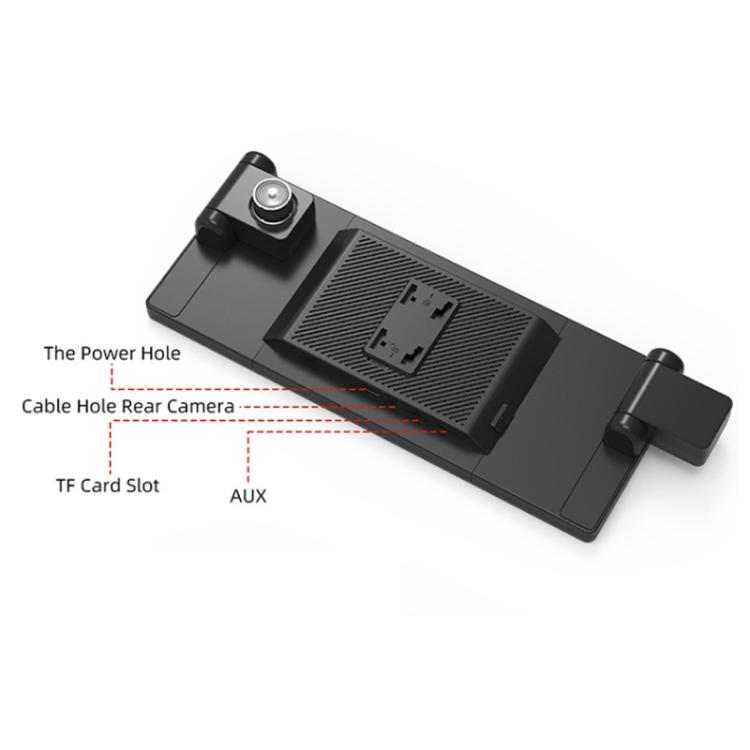 Dashcam side ports layout with cable hole, AUX, and rear camera connection