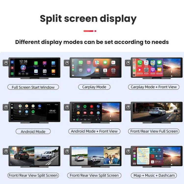 Car dashcam with split-screen display showing multiple screen modes