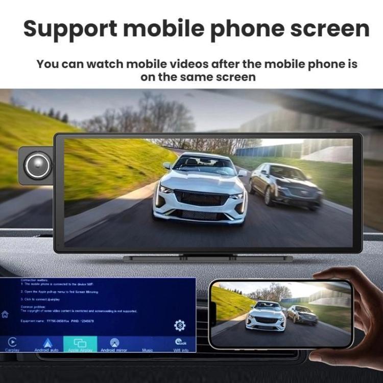 Dashcam with wide screen playback and mobile phone showing the same video
