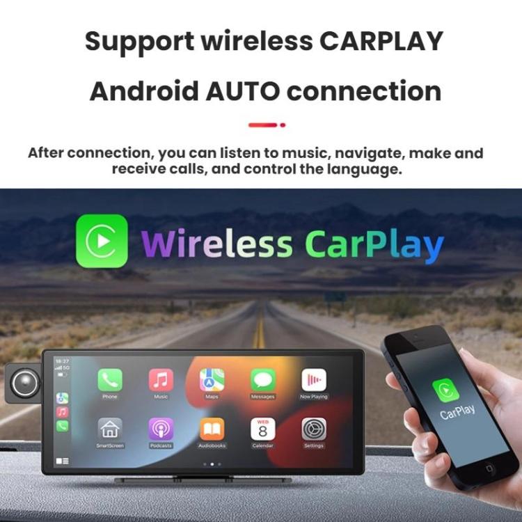 Dashcam with wireless CarPlay connection shown on screen and smartphone