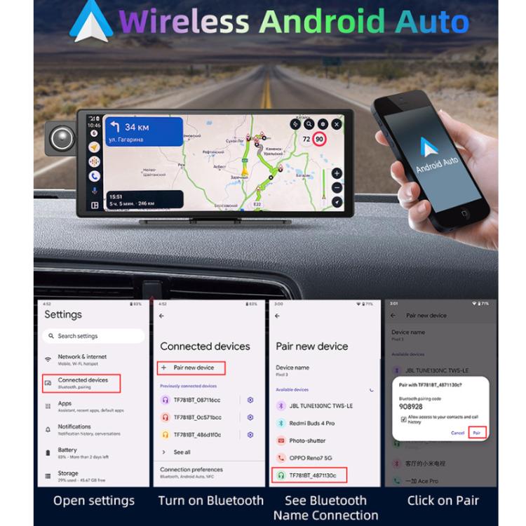 Dashcam with wireless Android Auto display and smartphone pairing screens