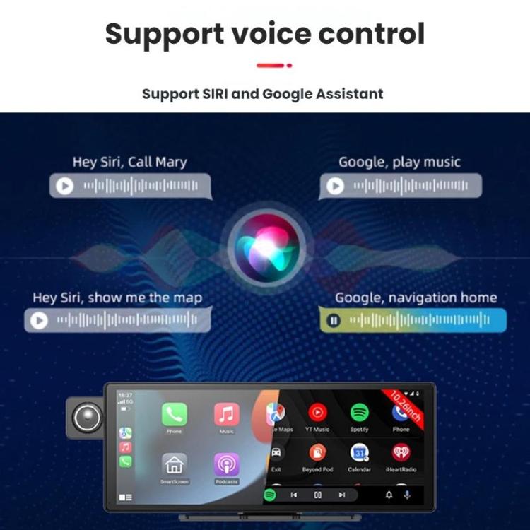 Dashcam screen with voice control indicators and front camera module