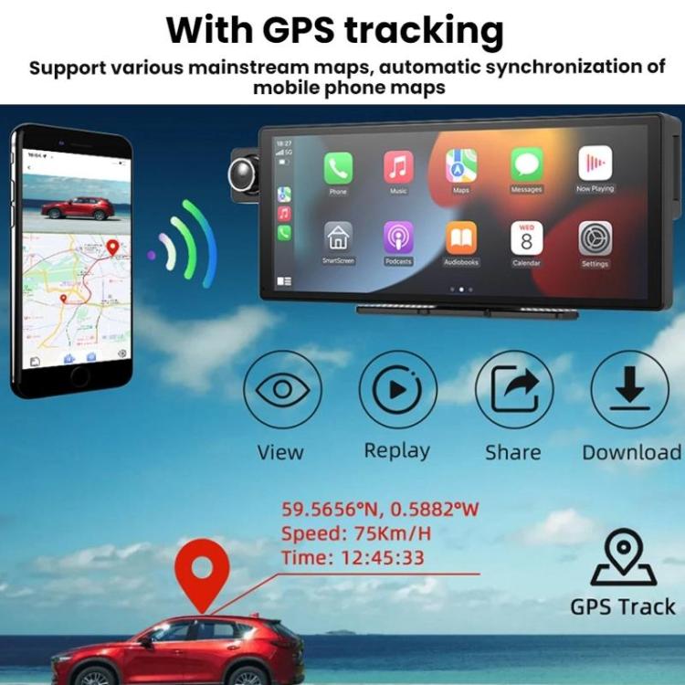 Dashcam with GPS tracking icons and dashboard screen plus phone map