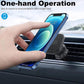 Magnetic car phone mount clipped to air vent with phone held in place