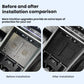 Dark silicone charging mat shown before and after installation in console