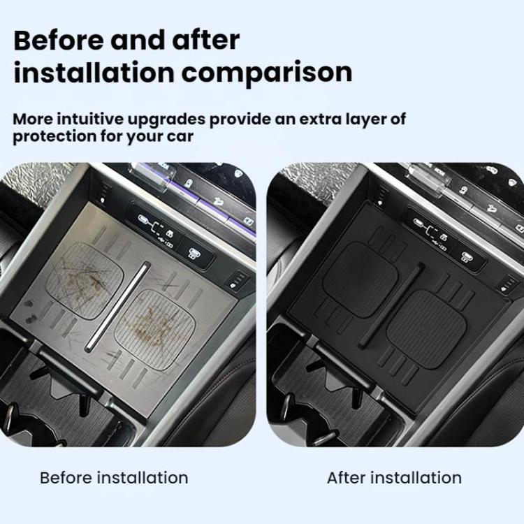 Dark silicone charging mat shown before and after installation in console