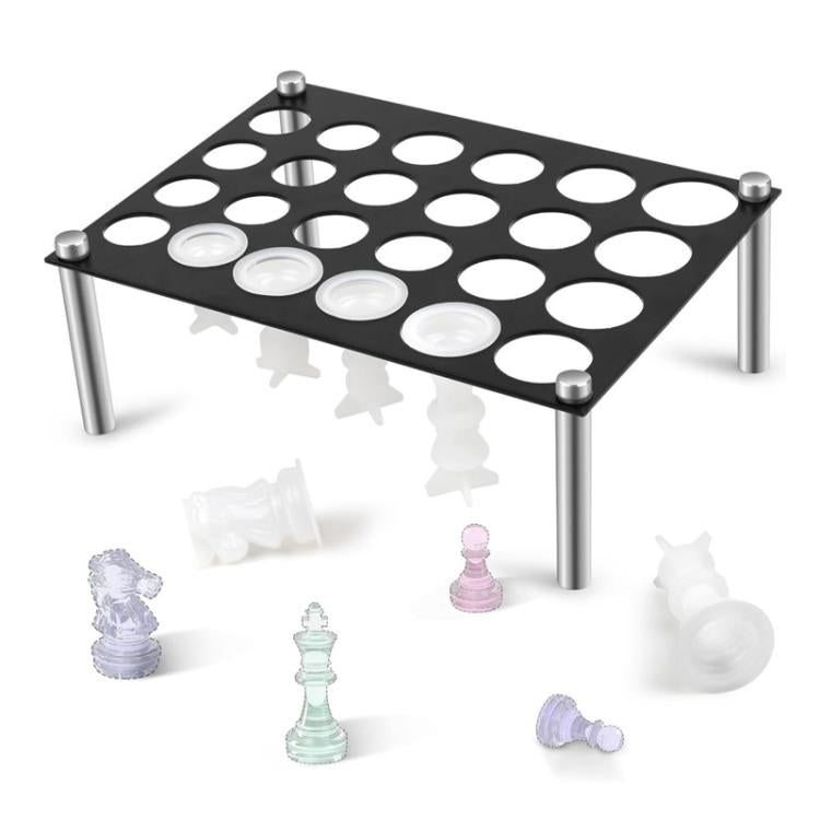 Black chess mold stand with 24 round holes on four silver metal legs