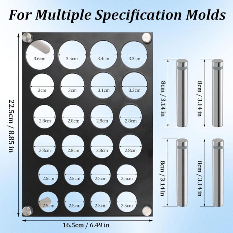 Chess mold stand board with multiple hole sizes, corner screws, and metal legs