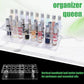 Clear acrylic lipstick and perfume organizer stand with two tiers and circular hole rows.