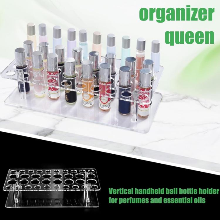 Clear acrylic lipstick and perfume organizer stand with two tiers and circular hole rows.