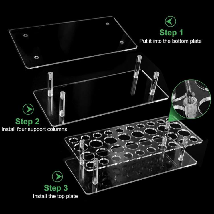Transparent acrylic display stand assembly shown with four support columns and top plate.