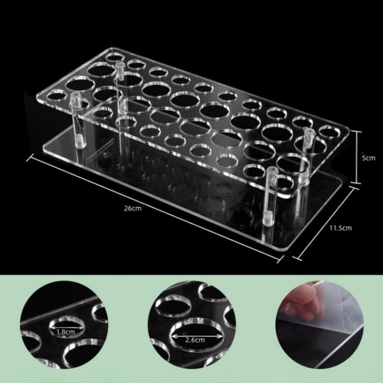 Clear 36-hole acrylic lipstick stand with round openings; size measurements shown.