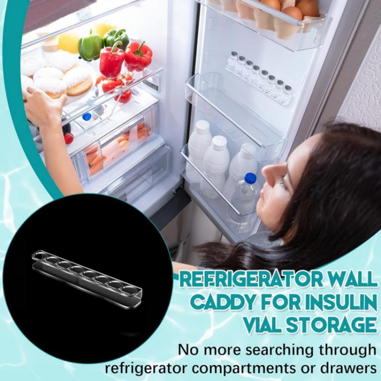 8-hole acrylic bottle rack caddy for refrigerator wall storage, close-up inset