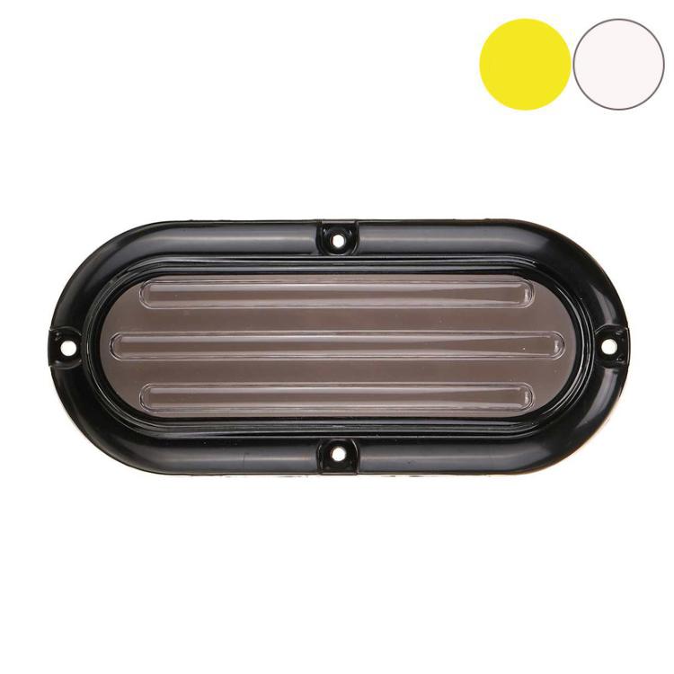 Dual-color flashing LED trailer taillight with clear oval lens and black housing
