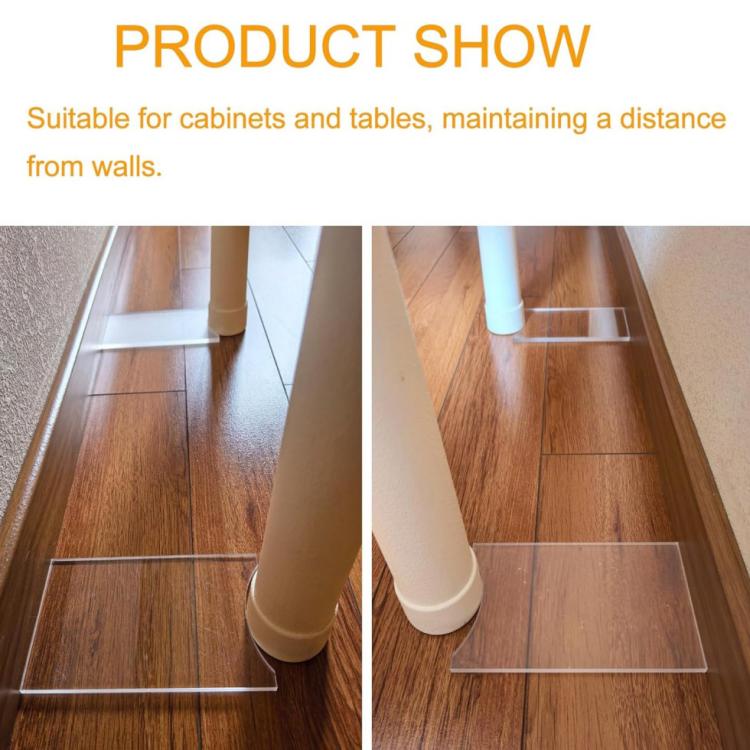 Transparent acrylic floor spacers for furniture legs, with clear rectangular shielding.