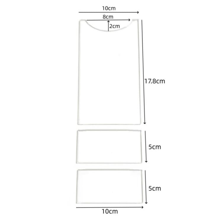 Transparent acrylic wall gasket panels with size details: tall 17.8cm and two 5cm bases.