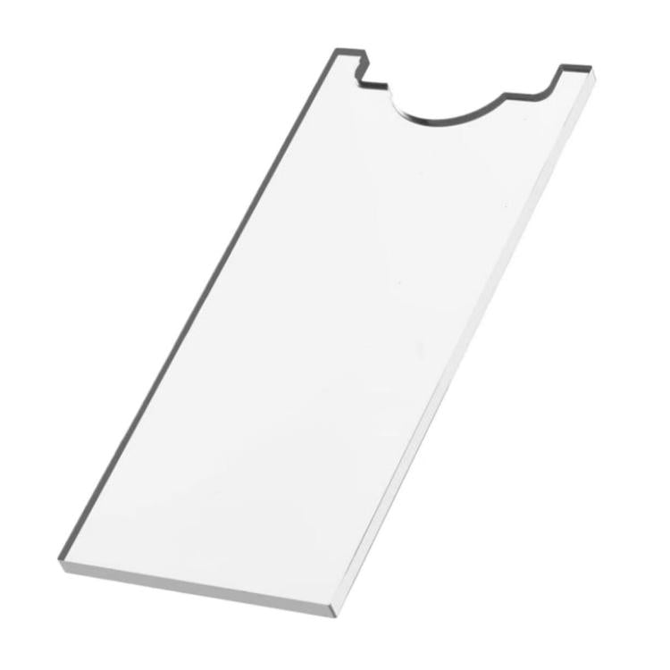 Clear acrylic sofa leg floor gasket with curved top notch, angled view