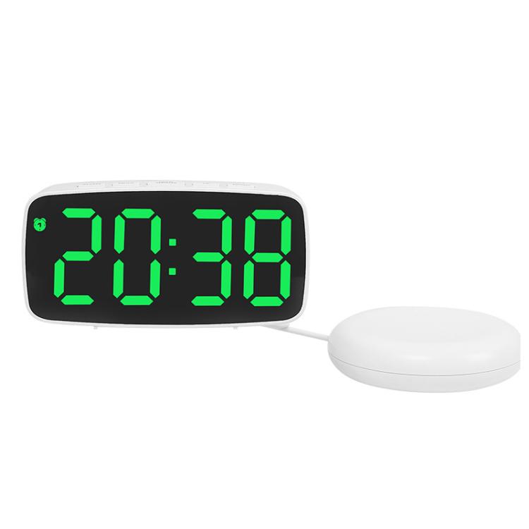 White LED alarm clock with green light time display and round vibration base.