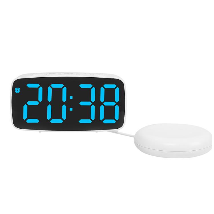 White LED alarm clock with blue light time display and round vibration base.