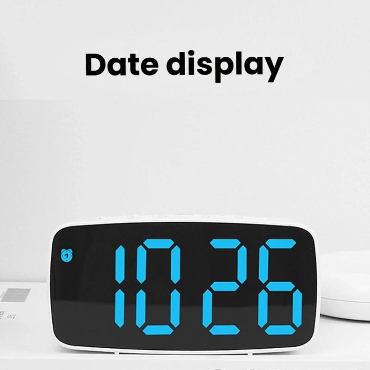 Black LED alarm clock with blue light date-style digits and time display screen.