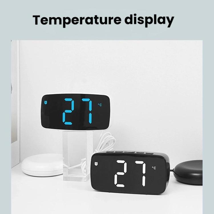 LED alarm clock with blue digits and °C temperature display on black housing.