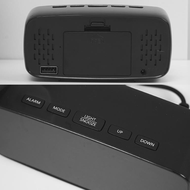 Black alarm clock base with control buttons for alarm, mode, light, and snooze
