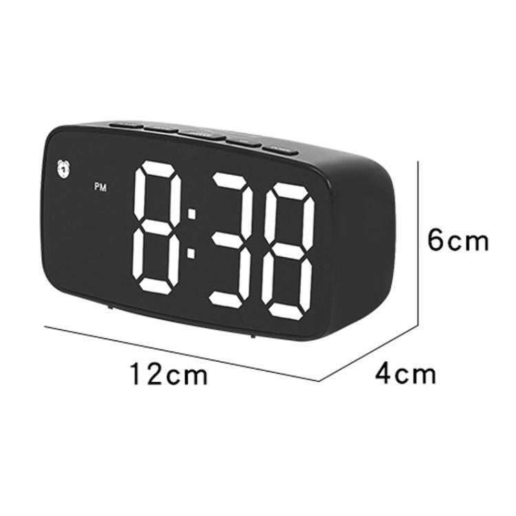 Black LED alarm clock with 12cm x 4cm x 6cm size and time digits display